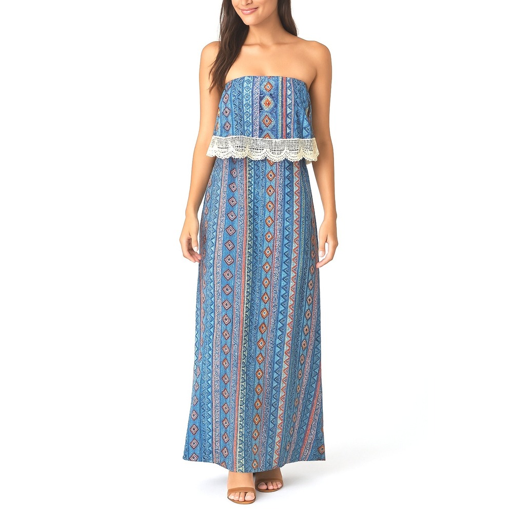 Rue21 Multi-Color Maxi‎ Dress Size Small Bohemian Tribal Strapless Ruffle NEW